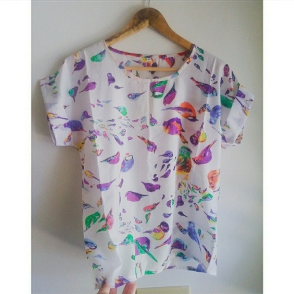 Colorful Sparrow Bird Chiffon Top Shirt Blouse - Picture 1 of 5